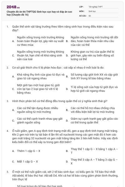 Chuyên đề ôn thi THPTQG Sinh học cực hay có đáp án cưc hay (Chuyên đề 16)