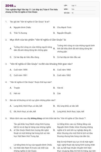 Trắc nghiệm Ngữ Văn lớp 11: (có đáp án) Tuần 6 Tìm hiểu chung về Văn tế nghĩa sĩ Cần Giuộc