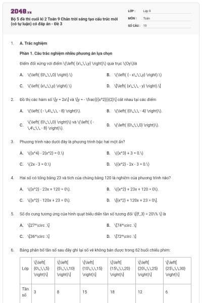 Bộ 5 đề thi cuối kì 2 Toán 9 Chân trời sáng tạo cấu trúc mới (có tự luận) có đáp án - Đề 3