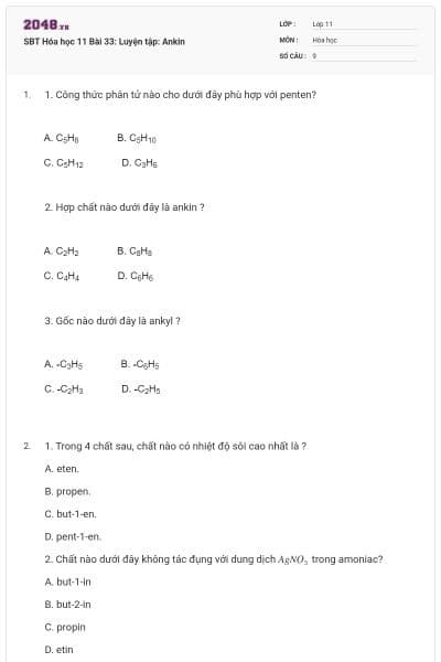 SBT Hóa học 11 Bài 33: Luyện tập: Ankin