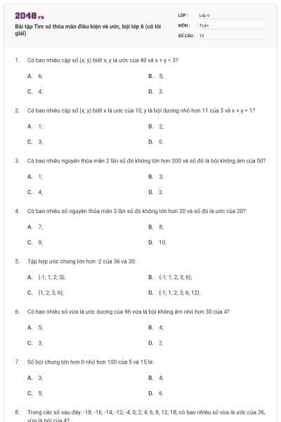 Bài tập Tìm số thỏa mãn điều kiện về ước, bội lớp 6 (có lời giải)