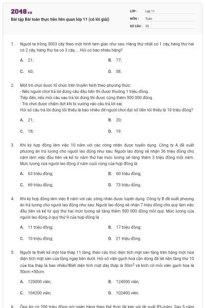 Bài tập Bài toán thực tiễn liên quan lớp 11 (có lời giải)