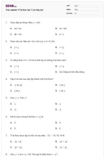 Trắc nghiệm Tỉ lệ thức lớp 7 (có đáp án)