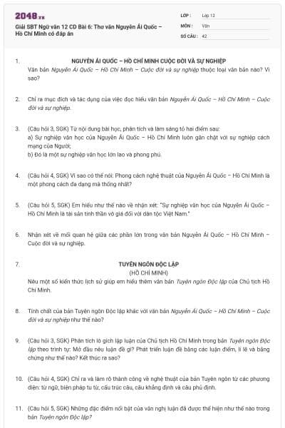 Giải SBT Ngữ văn 12 CD Bài 6: Thơ văn Nguyễn Ái Quốc – Hồ Chí Minh có đáp án