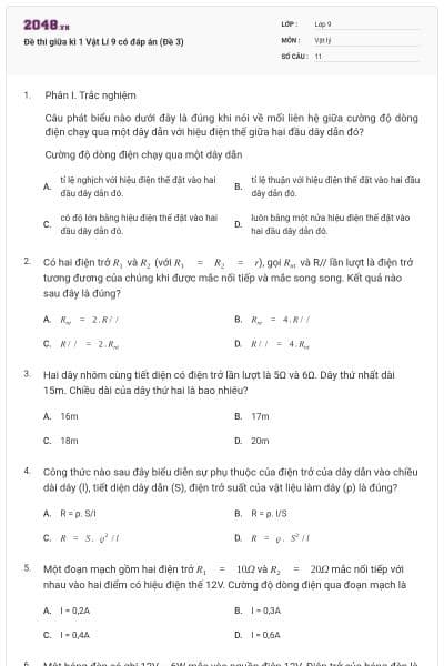 Đề thi giữa kì 1 Vật Lí 9 có đáp án (Đề 3)