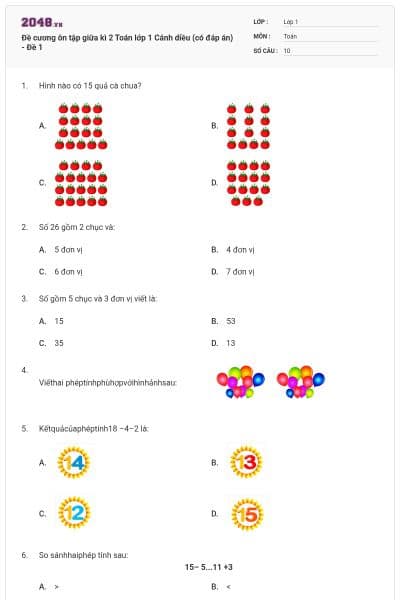 Đề cương ôn tập giữa kì 2 Toán lớp 1 Cánh diều (có đáp án) - Đề 1
