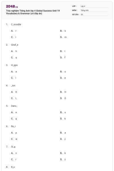 Trắc nghiệm Tiếng Anh lớp 4 Global Success Unit 19 Vocabulary & Grammar (có đáp án)