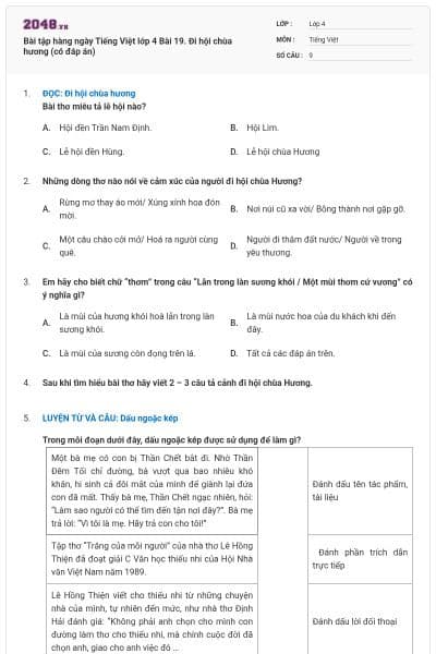 Bài tập hàng ngày Tiếng Việt lớp 4 Bài 19. Đi hội chùa hương (có đáp án)