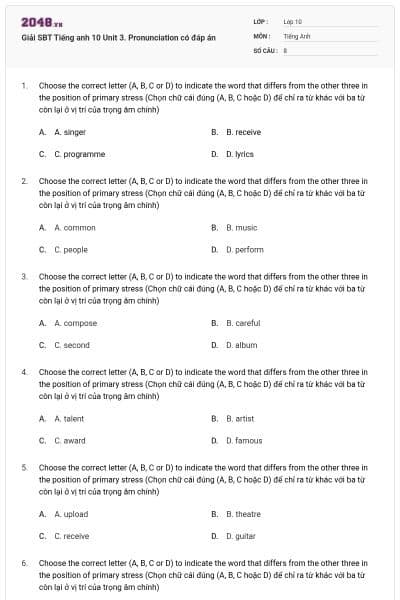 Giải SBT Tiếng anh 10 Unit 3. Pronunciation có đáp án
