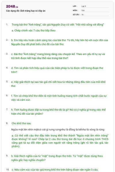 Các dạng đề: Ánh trăng hay có đáp án