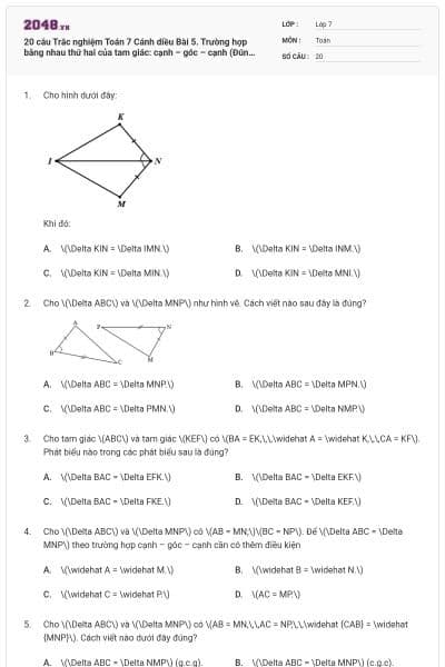 20 câu Trắc nghiệm Toán 7 Cánh diều Bài 5. Trường hợp bằng nhau thứ hai của tam giác: cạnh – góc – cạnh (Đúng sai - Trả lời ngắn) có đáp án