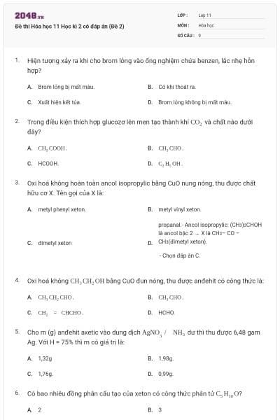 Đề thi Hóa học 11 Học kì 2 có đáp án (Đề 2)