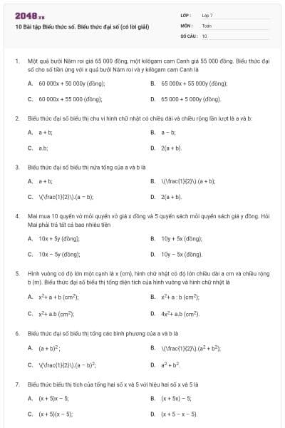 10 Bài tập Biểu thức số. Biểu thức đại số (có lời giải)