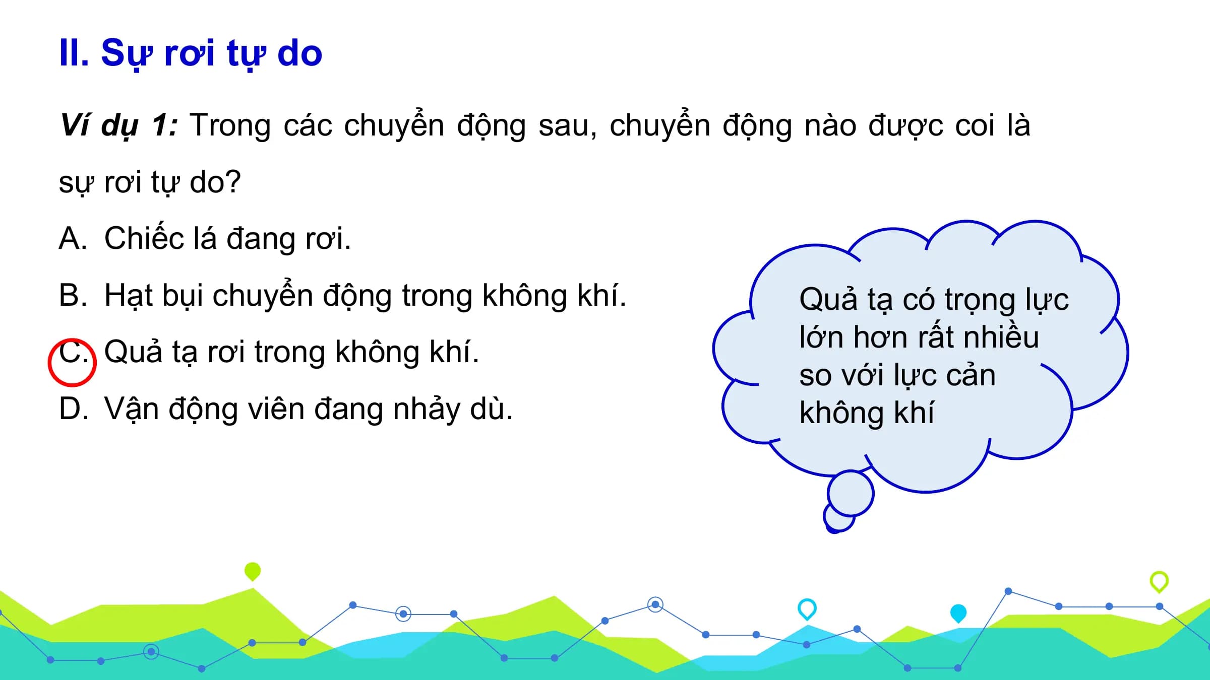II. Sự rơi tự do
Ví dụ 1: Trong các chuyển động sau, chuyển động nào được coi là
sự rơi tự do?
A. Chiếc lá đang rơi.
B. Hạt bụi chuyển động trong không khí. Quả tạ có trọng lực
C. Quả tạ rơi trong không khí. lớn hơn rất nhiều
 so với lực cản
D. Vận động viên đang nhảy dù. không khí