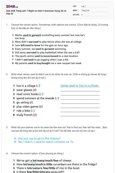 Giải SGK Tiếng anh 7 Right on Unit 2 Grammar trang 36 có đáp án