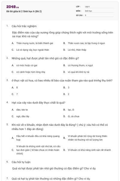 Đề thi giữa kì 2 Sinh học 6 (Đề 2)