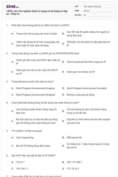 1000+ câu Trắc nghiệm Quản trị mạng và hệ thống có đáp án - Phần 51