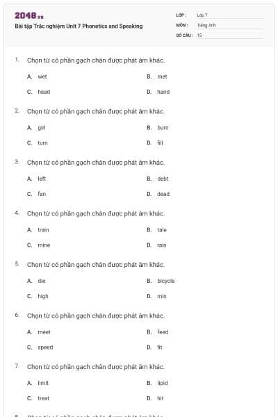 Bài tập Trắc nghiệm Unit 7 Phonetics and Speaking