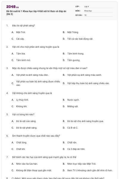 Đề thi cuối kì 1 Khoa học lớp 4 Kết nối tri thức có đáp án (Đề 3)