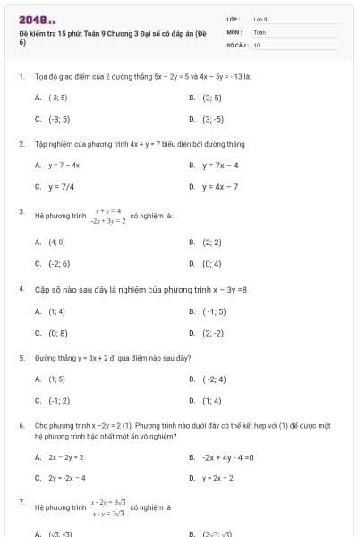 Đề kiểm tra 15 phút Toán 9 Chương 3 Đại số có đáp án (Đề 6)
