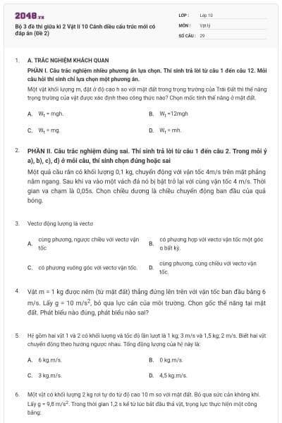 Bộ 3 đề thi giữa kì 2 Vật lí 10 Cánh diều cấu trúc mới có đáp án (Đề 2)