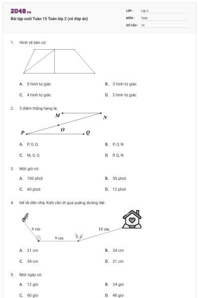 Bài tập cuối Tuần 15 Toán lớp 2 (có đáp án)