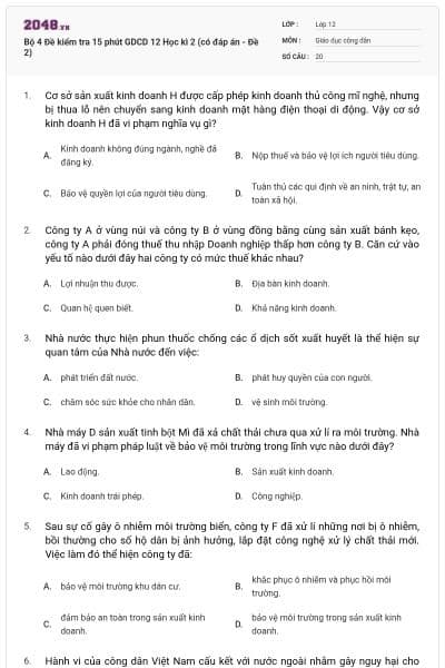 Bộ 4 Đề kiểm tra 15 phút GDCD 12 Học kì 2 (có đáp án - Đề 2)