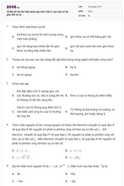 20 Bộ đề thi thử thpt quốc gia môn Vật Lí cực hay có lời giải (Đề số 3)