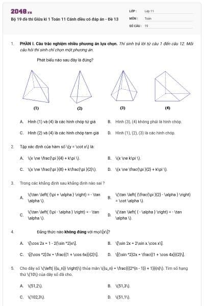 Bộ 19 đề thi Giữa kì 1 Toán 11 Cánh diều có đáp án - Đề 13