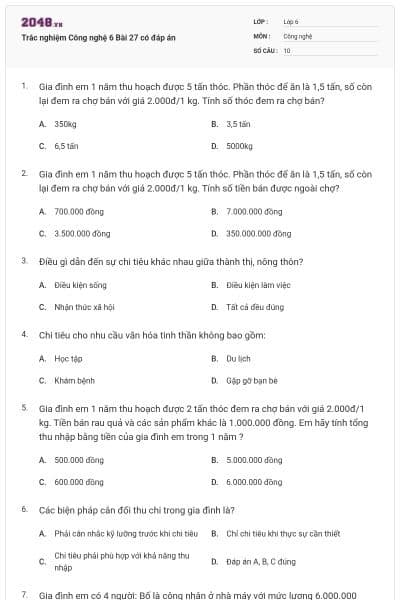Trắc nghiệm Công nghệ 6 Bài 27 có đáp án
