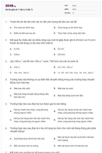 Đề thi giữa kì 1 Vật Lí 6 (Đề 1)
