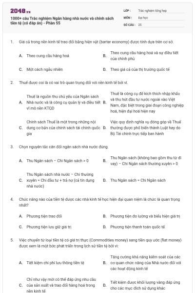 1000+ câu Trắc nghiệm Ngân hàng nhà nước và chính sách tiền tệ (có đáp án) - Phần 55