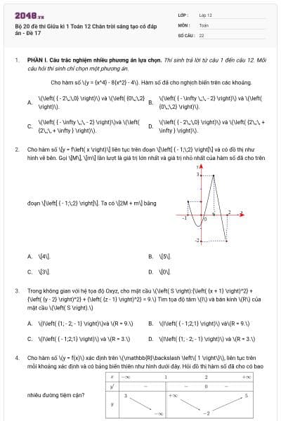 Bộ 20 đề thi Giữa kì 1 Toán 12 Chân trời sáng tạo có đáp án - Đề 17
