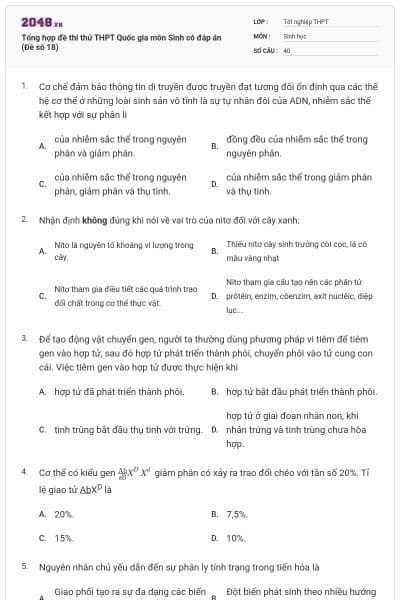 Tổng hợp đề thi thử THPT Quốc gia môn Sinh có đáp án (Đề số 18)