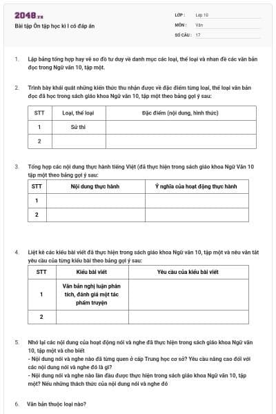 Bài tập Ôn tập học kì I có đáp án