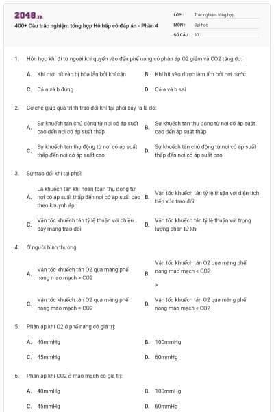 400+ Câu trắc nghiệm tổng hợp Hô hấp có đáp án - Phần 4