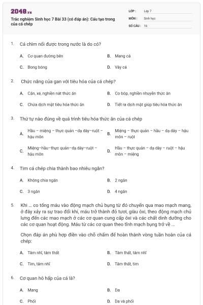 Trắc nghiệm Sinh học 7 Bài 33 (có đáp án): Cấu tạo trong của cá chép