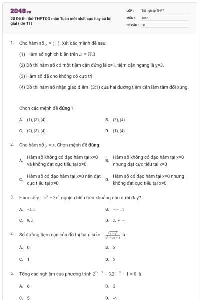 20 Đề thi thử THPTQG môn Toán mới nhất cực hay có lời giải ( đề 11)