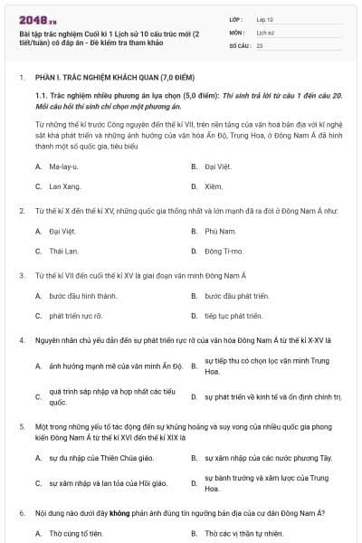 Bài tập trắc nghiệm Cuối kì 1 Lịch sử 10 cấu trúc mới (2 tiết/tuần) có đáp án - Đề kiểm tra tham khảo