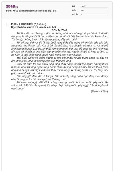 Đề thi KSCL đầu năm Ngữ văn 6 (có đáp án) - Đề 1
