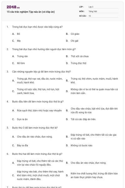 15 câu trắc nghiệm Tập nấu ăn (có đáp án)