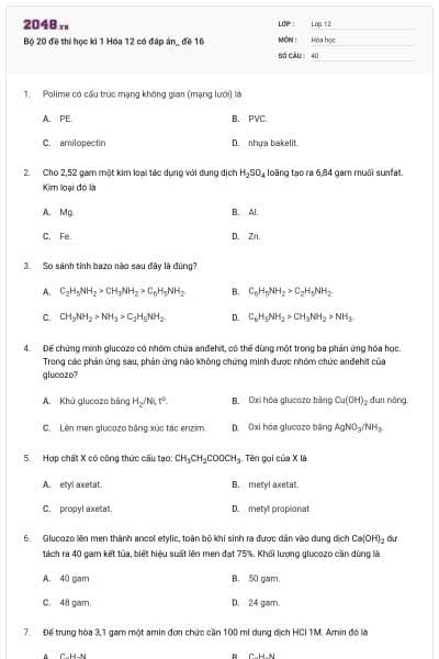 Bộ 20 đề thi học kì 1 Hóa 12 có đáp án_ đề 16