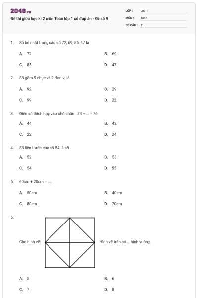 Đề thi giữa học kì 2 môn Toán lớp 1 có đáp án - Đề số 9