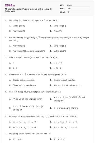 15 câu Trắc nghiệm Phương trình mặt phẳng có đáp án (Nhận biết)