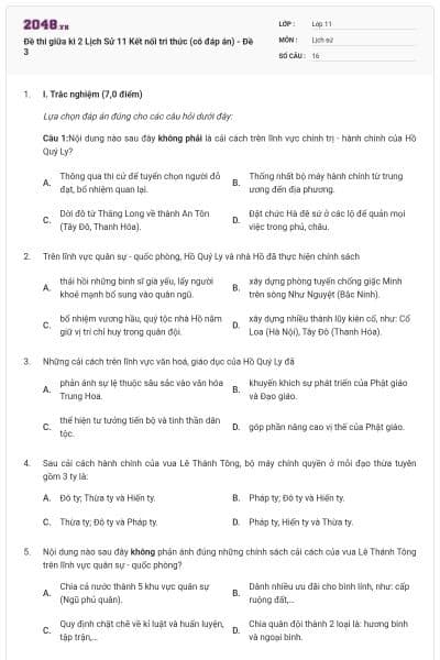 Đề thi giữa kì 2 Lịch Sử 11 Kết nối tri thức (có đáp án) - Đề 3