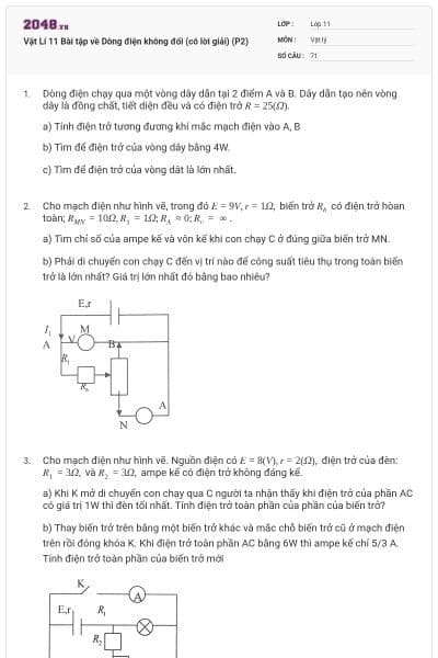 Vật Lí 11 Bài tập về Dòng điện không đổi (có lời giải) (P2)