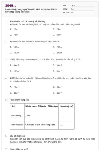 Phiếu bài tập hàng ngày Toán lớp 3 Kết nối tri thức Bài 53. Luyện tập chung có đáp án