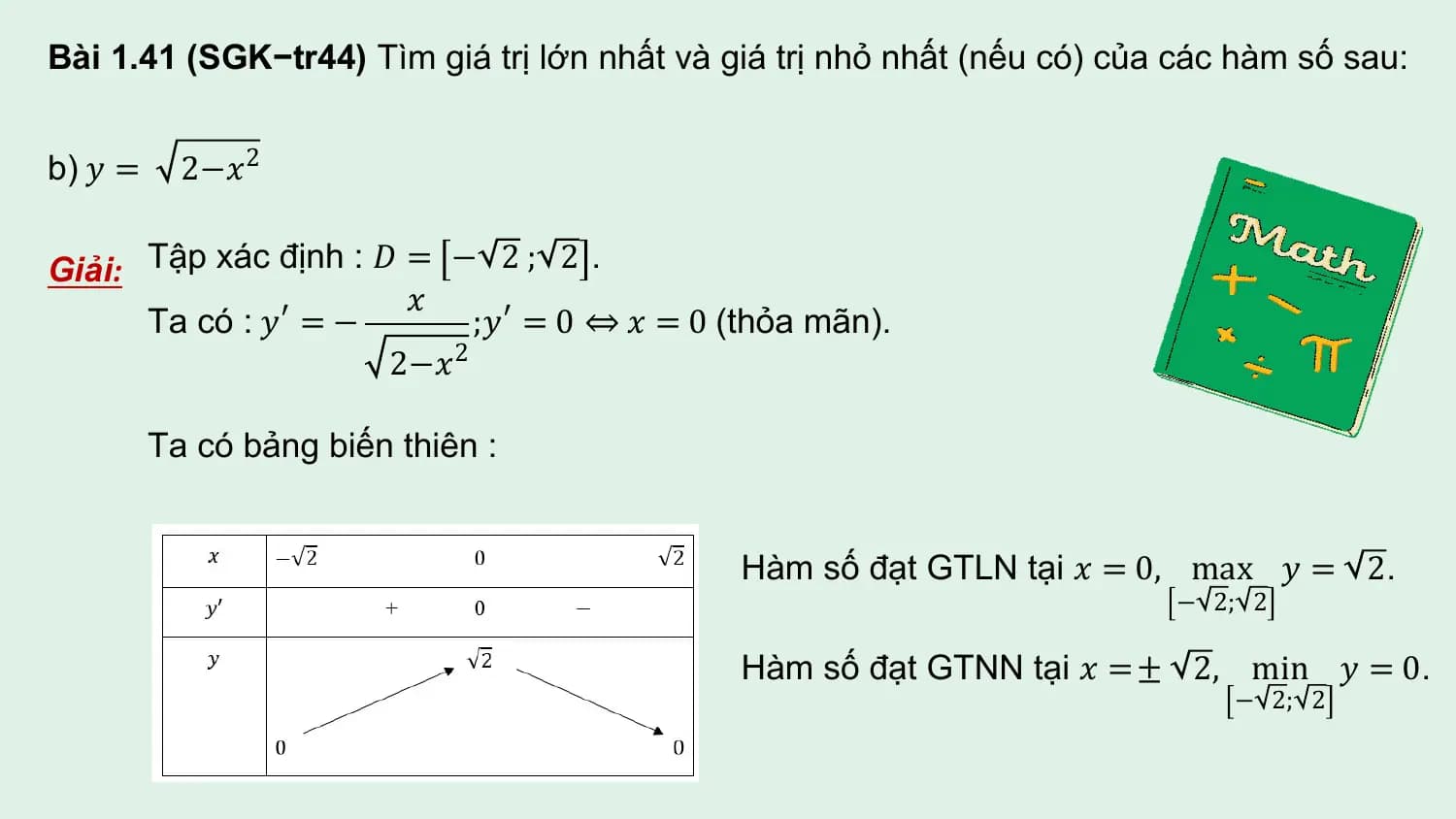 Bài 1.41 (SGK−tr44) Tìm giá trị lớn nhất và giá trị nhỏ nhất (nếu có) của các hàm số sau:

b) 𝑦 = 2−𝑥2

Giải: Tập xác định : 𝐷 = − 2 ; 2 .
 𝑥
 Ta có : 𝑦 ′ = − ;𝑦 ′ = 0 ⇔ 𝑥 = 0 (thỏa mãn).
 2
 2−𝑥

 Ta có bảng biến thiên :

 Hàm số đạt GTLN tại 𝑥 = 0, max 𝑦 = 2.
 − 2; 2

 Hàm số đạt GTNN tại 𝑥 = ± 2, min 𝑦 = 0.
 − 2; 2