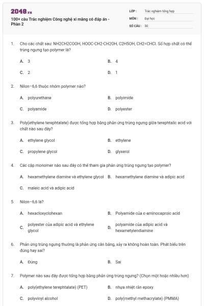 100+ câu Trắc nghiệm Công nghệ xi măng có đáp án - Phần 2