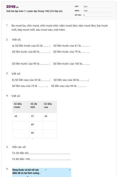 Giải bài tập toán 1: Luyện tập (trang 146) (Có đáp án)